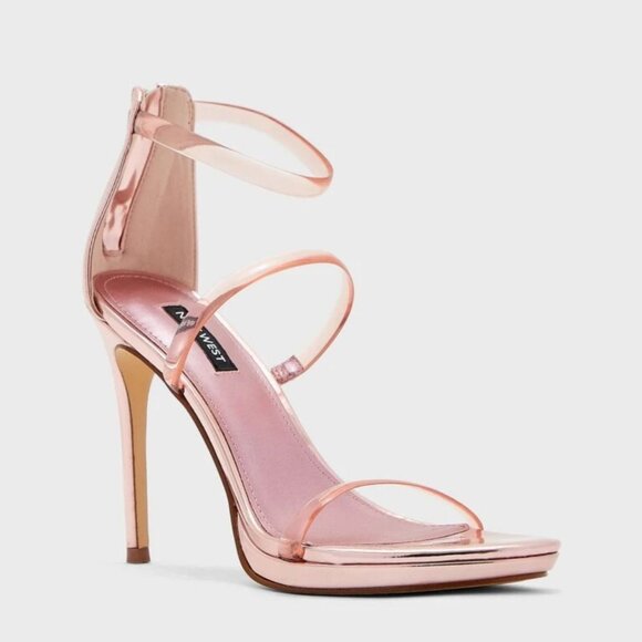 Nine West Women's Leah3 Sandal Stiletto Heel Pink Chrome See through Straps 7 - Picture 1 of 9